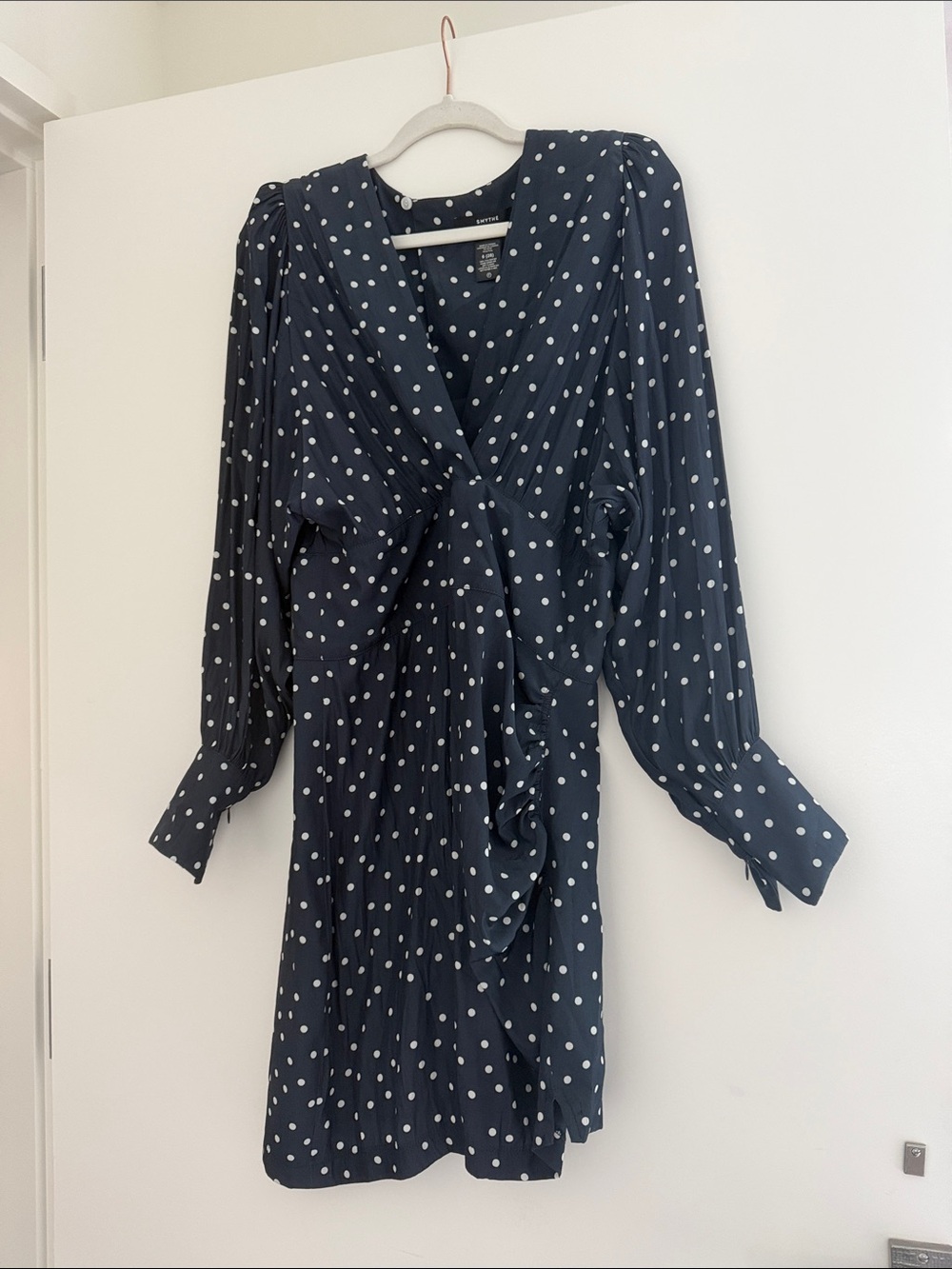 Smythe Navy and White Polka Dot Long Sleeve Wrap Dress